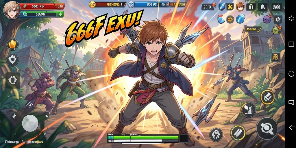 Tampilan gameplay menampilkan karakter Anime dengan aksi mendebarkan.