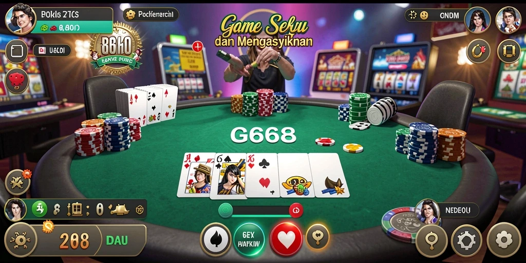 Screenshot gameplay G668 menunjukkan suasana meja Poker yang menegangkan.