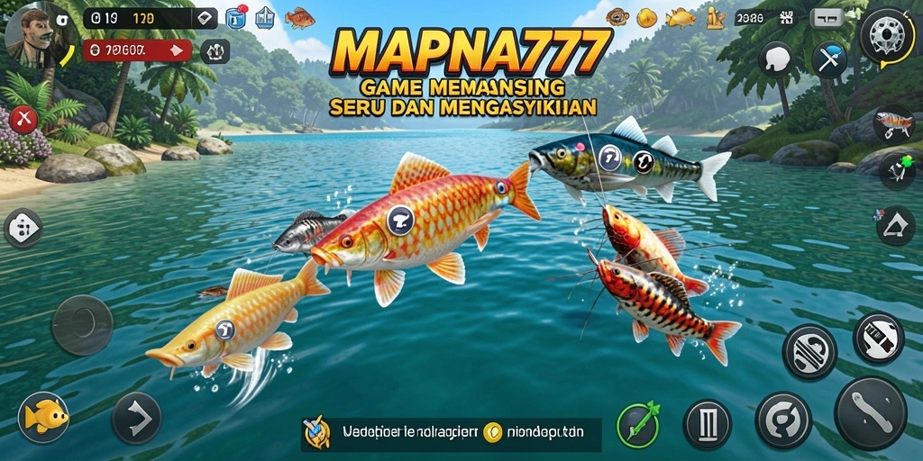 Tampilan gameplay seru dengan berbagai jenis ikan dan lokasi memancing.