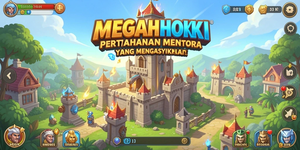 Screenshot gameplay MEGAHOKI menampilkan pertahanan menara yang epik.