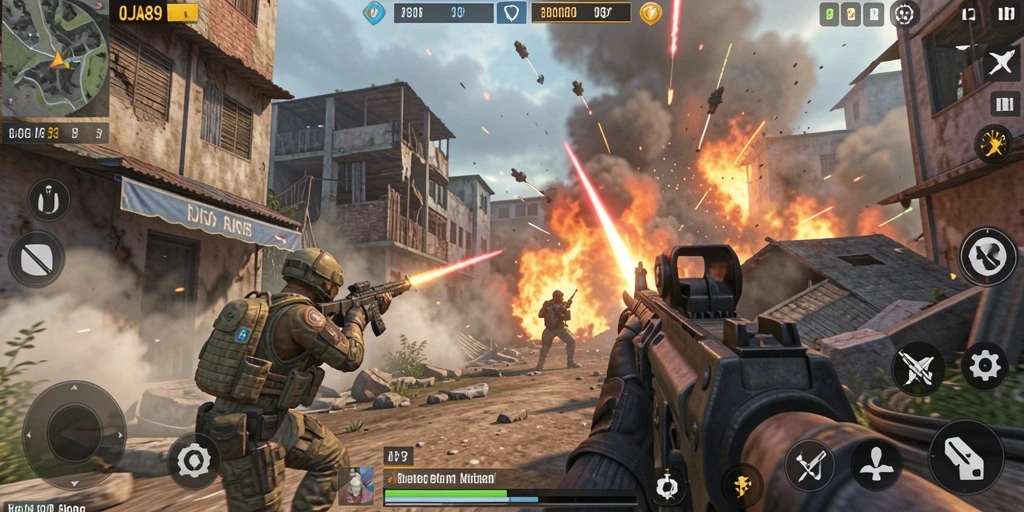 Screenshot utama gameplay OJA89 yang menunjukkan aksi pertempuran TPS.