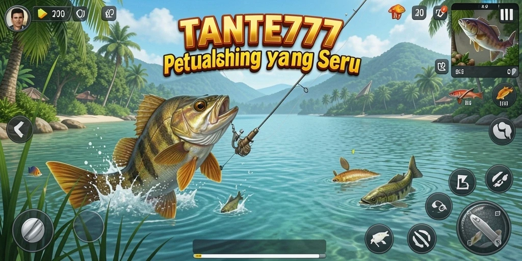 Screenshot gameplay TANTE777 menampilkan aksi memancing yang seru dan penuh warna.